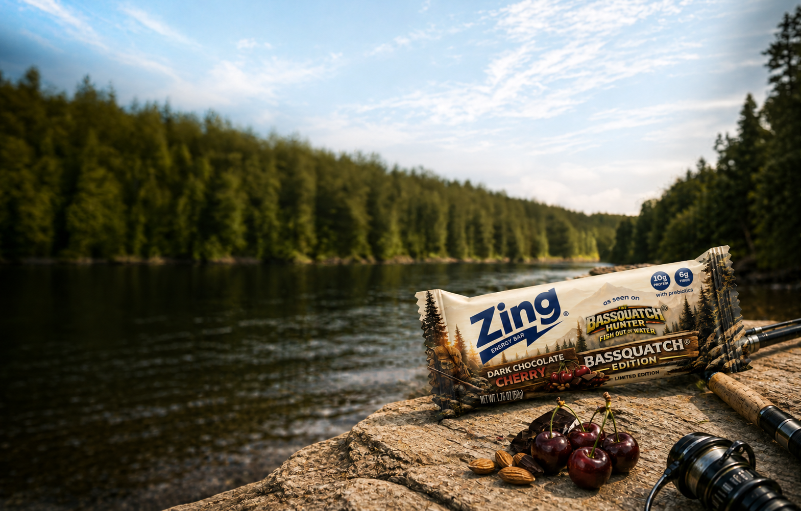 Zing Bassatchat chocolate bar on a rock by a lake with trees in the background