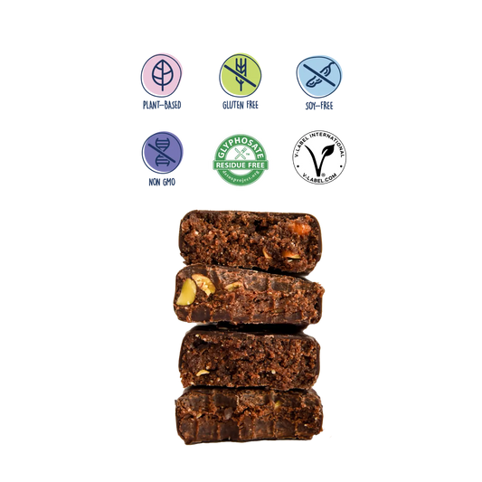 stack of four dark chocolate covered mint bars with bites taken out of them. Plant-based, gluten free, soy free, non gmo, glyphosate residue free, and v-label international