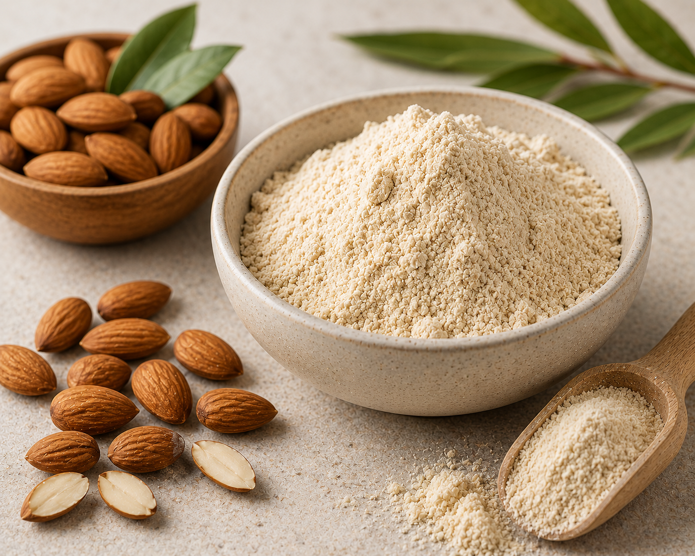 Close-up of almond protein powder with whole almonds and almond halves in a warm natural food photography scene.