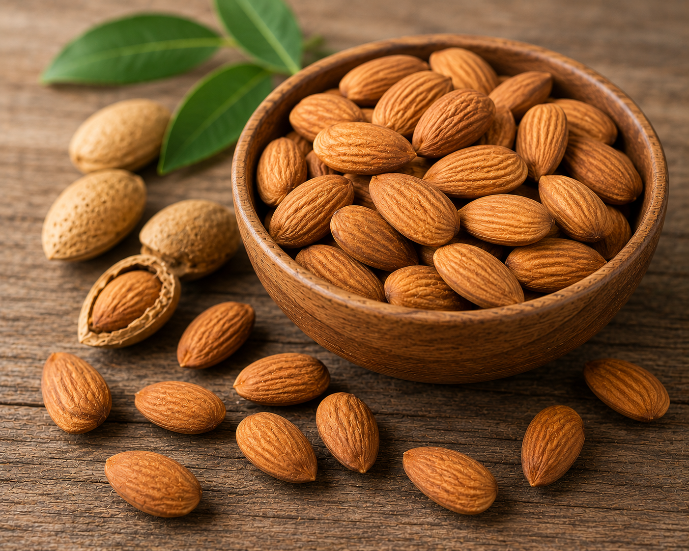 Close-up of whole raw almonds in a wooden bowl with scattered almonds and green leaves on a rustic wood surface.