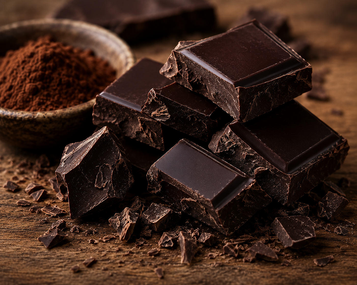 Close-up of rich dark chocolate chunks and cocoa powder on a rustic wooden surface with warm natural lighting.