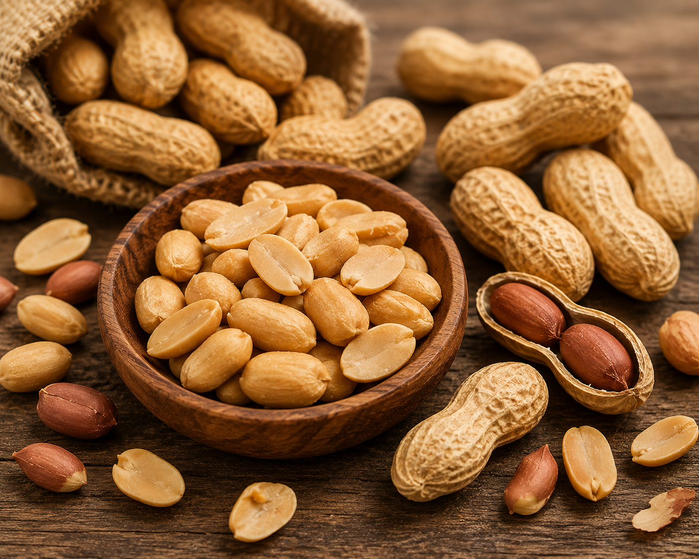Close-up of shelled and unshelled peanuts in a wooden bowl on a rustic wood background.